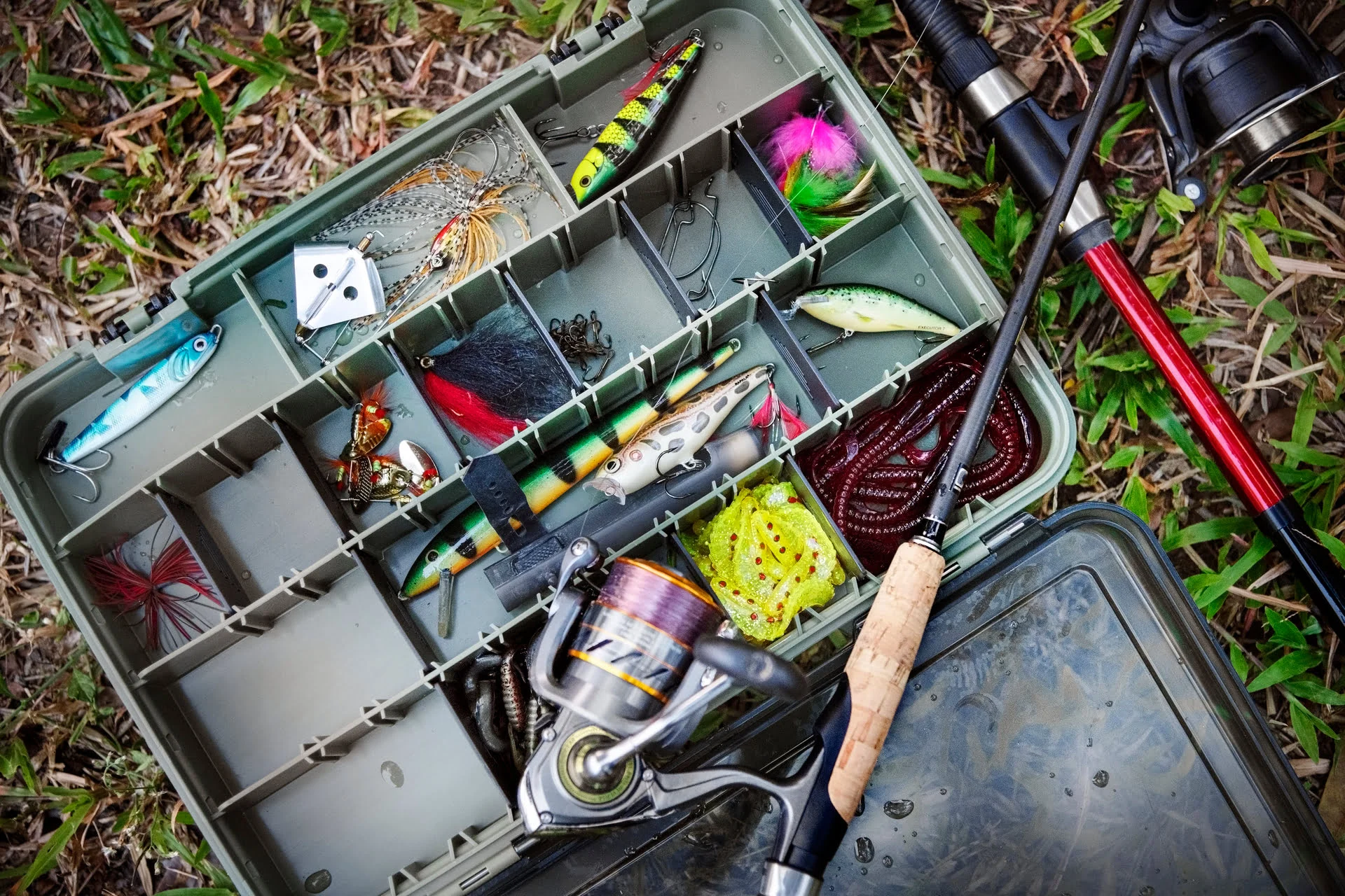 Fishing setup near a calm lake with rod, reel, and tackle